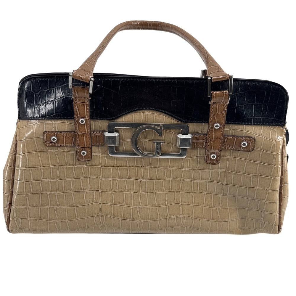 Guess Shoulder Bag Women's Tan Black Vintage Croc Embossed Logo Buckle Satchel - Picture 2 of 7